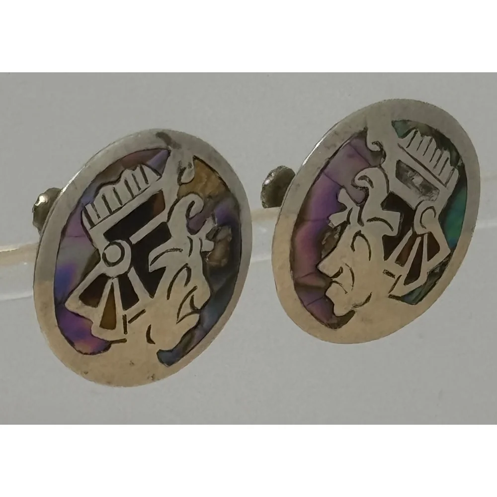 Vintage Mexican Sterling Silver &‎ Abalone Aztec Earrings